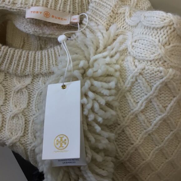Tory Burch Cream Ivory Cable Knit Wool Fringe Pullover Sweater Women’s Size M - Picture 13 of 16